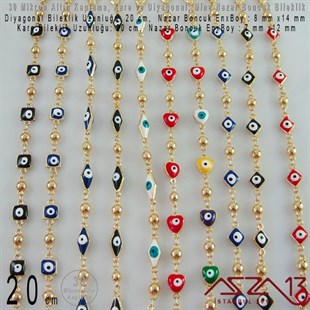 30 Mikron Altın Kaplama - Pirinç ve Mine Malzeme - 20 cm Kare ve Diyagonal Klipsli Nazar Boncuk Bileklik