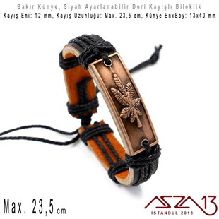 Siyah Deri Kayış - Bakır Kaplama, Desenli Künye -  İp Kilit - Erkek Bileklik / 1 Adet