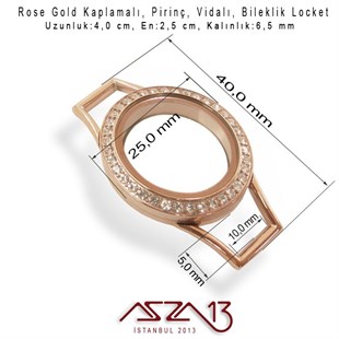 25 mm Rose Altın, Kristal Taşlı, Yuvarlak, Vida Kilitli Bileklik Ortası (Locket Pendant)