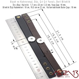 Siyah ve Kahverengi - 1,7 x 23 cm Düz Gerçek Deri - Çıt Çıt Yuvalı (Snap) Bileklik