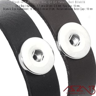 Siyah ve Kahverengi - 1,7 x 23 cm Düz Gerçek Deri - Çıt Çıt Yuvalı (Snap) Bileklik