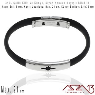 Siyah Silikon Kayış - 316L Çelik, Pusula Dekupajlı Künye ve Kilit - Erkek Bileklik / 1 Adet
