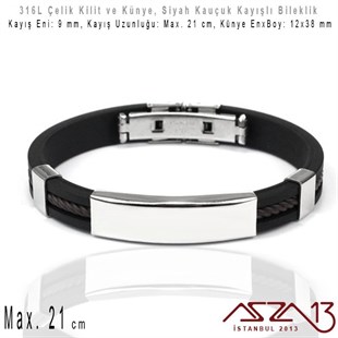 Siyah Silikon Kayış - 316L Çelik, Desensiz Künye ve Kilit - Erkek Bileklik / 1 Adet