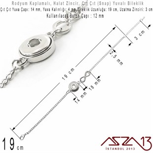Rodyum Kaplamalı - 12 mm Çıt Çıt (Snap) Yuvalı - 19 cm - Halat Zincir Bileklik