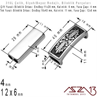 316L Çelik, Siyah / Beyaz Rodajlı,  Logolu / Logosuz, Bileklik Ortası / 1 Adet