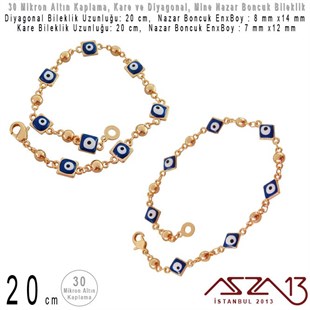 30 Mikron Altın Kaplama - Pirinç ve Mine Malzeme - 20 cm Kare ve Diyagonal Klipsli Nazar Boncuk Bileklik