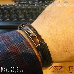Siyah Deri Kayış - Bakır Kaplama, Desenli Künye -  İp Kilit - Erkek Bileklik / 1 Adet
