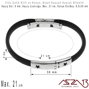 Siyah Silikon Kayış - 316L Çelik, Çift Yıldız Dekupajlı Künye ve Kilit - Erkek Bileklik / 1 Adet