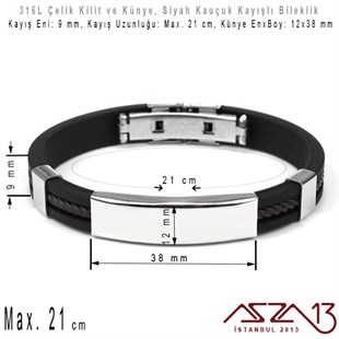 Siyah Silikon Kayış - 316L Çelik, Desensiz Künye ve Kilit - Erkek Bileklik / 1 Adet