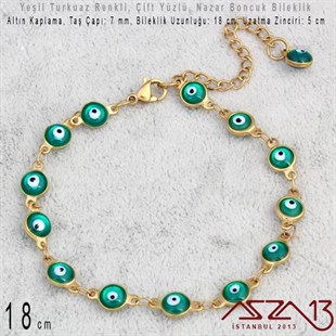 Altın Kaplamalı, Yeşil Turkuaz Nazar Boncuk Bileklik