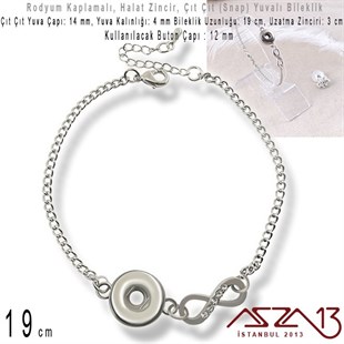 Rodyum Kaplamalı - 12 mm Çıt Çıt (Snap) Yuvalı - 19 cm - Halat Zincir Bileklik
