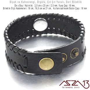 Siyah ve Kahverengi - 2,5 x 23 cm ÖrgülüGerçek Deri - Çıt Çıt Yuvalı (Snap) Bileklik