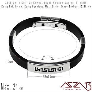 Siyah Silikon Kayış - 316L Çelik, Desenli Künye ve Kilit - Erkek Bileklik / 1 Adet