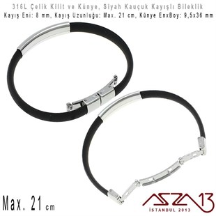 Siyah Silikon Kayış - 316L Çelik, Pusula Dekupajlı Künye ve Kilit - Erkek Bileklik / 1 Adet