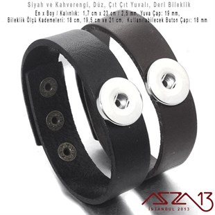 Siyah ve Kahverengi - 1,7 x 23 cm Düz Gerçek Deri - Çıt Çıt Yuvalı (Snap) Bileklik