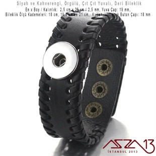 Siyah ve Kahverengi - 2,5 x 23 cm ÖrgülüGerçek Deri - Çıt Çıt Yuvalı (Snap) Bileklik