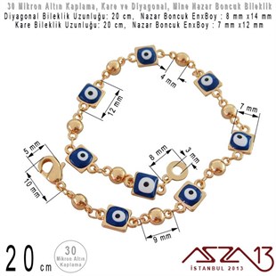 30 Mikron Altın Kaplama - Pirinç ve Mine Malzeme - 20 cm Kare ve Diyagonal Klipsli Nazar Boncuk Bileklik
