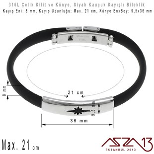 Siyah Silikon Kayış - 316L Çelik, Pusula Dekupajlı Künye ve Kilit - Erkek Bileklik / 1 Adet