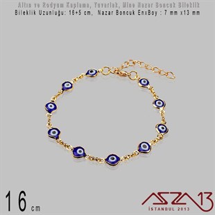 Altın ve Rodyum Kaplama - Pirinç ve Mine Malzeme - 16 cm Yuvarlak, Klipsli Nazar Boncuk Bileklik