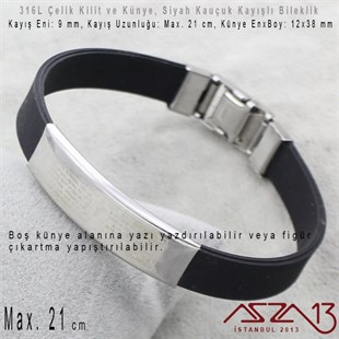 Siyah Silikon Kayış - 316L Çelik, Desensiz Künye ve Kilit - Erkek Bileklik / 1 Adet