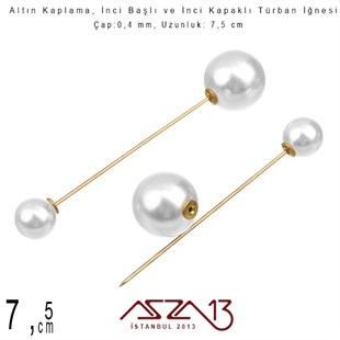 Altın Kaplamalı - 7,5 cm - İncili Türban İğnesi / 1 Adet
