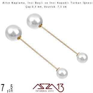Altın Kaplamalı - 7,5 cm - İncili Türban İğnesi / 1 Adet