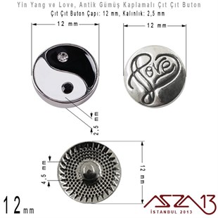 Antik Gümüş Kaplamalı - 12 mm, Yüzeyi Figürlü - Çıt Çıt Yuva Butonu / 1 Adet
