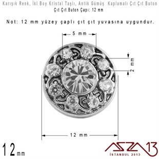 Antik Gümüş Kaplamalı - 12 mm, Kristal Taşlı - Çıt Çıt Yuva Butonu / 1 Adet
