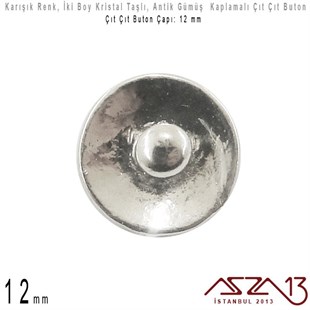 Antik Gümüş Kaplamalı - 12 mm, Kristal Taşlı - Çıt Çıt Yuva Butonu / 1 Adet