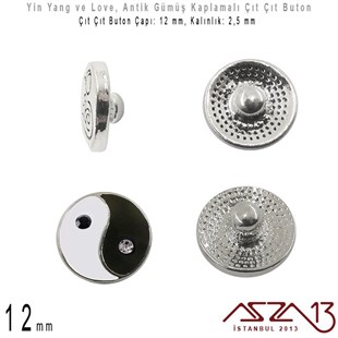 Antik Gümüş Kaplamalı - 12 mm, Yüzeyi Figürlü - Çıt Çıt Yuva Butonu / 1 Adet