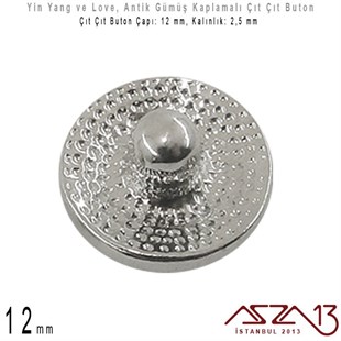 Antik Gümüş Kaplamalı - 12 mm, Yüzeyi Figürlü - Çıt Çıt Yuva Butonu / 1 Adet