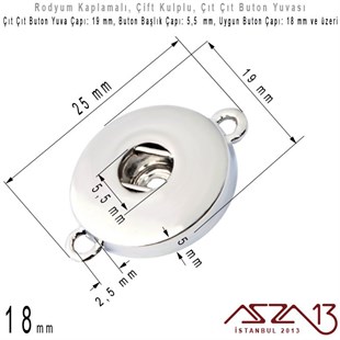Rodyum Kaplamalı - 18 mm, Çıt Çıt Yuva (Snap) - Çift Kulplu Ara Malzeme / 1 Adet