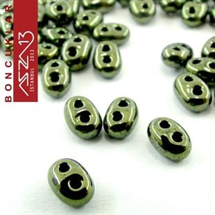65 Adet 2,5x5 mm Metalik Yosun Yeşil Renkli Twin Cam Boncuk (3,8 gr)