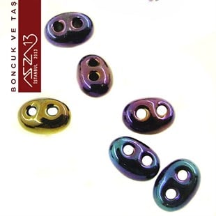65 Adet 2,5x5 mm Metalik Janjanlı Mavi-Mor Renkli Twin Cam Boncuk (3,8 gr)