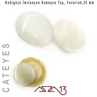 Beyaz Renk Kedigözü 20/4,5 mm Yuvarlak İmitasyon Cam Kaboşon / Paket İçeriği 1 Adet