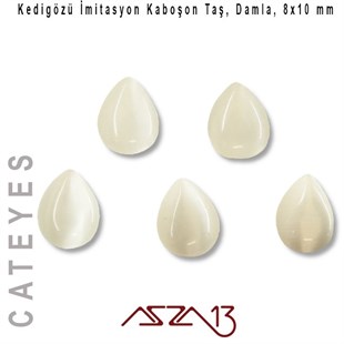 Beyaz Renk Kedigözü 8x10/3 mm Damla İmitasyon Cam Kaboşon / Paket İçeriği 5 Adet