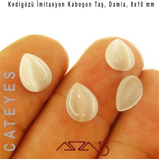Beyaz Renk Kedigözü 8x10/3 mm Damla İmitasyon Cam Kaboşon / Paket İçeriği 5 Adet