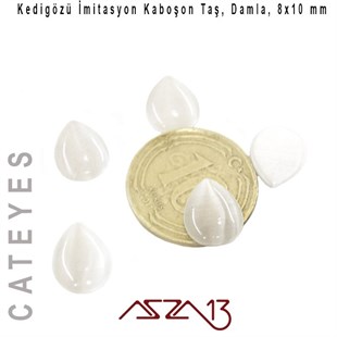 Beyaz Renk Kedigözü 8x10/3 mm Damla İmitasyon Cam Kaboşon / Paket İçeriği 5 Adet