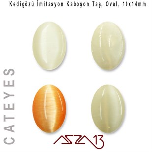 Beyaz-Turuncu Renk Kedigözü 10x14/3 mm Oval İmitasyon Cam Kaboşon / Paket İçeriği 4 Adet