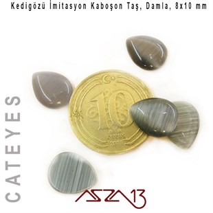 Gri Renk Kedigözü 8x10/3 mm Damla İmitasyon Cam Kaboşon / Paket İçeriği 5 Adet