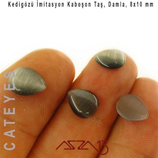 Gri Renk Kedigözü 8x10/3 mm Damla İmitasyon Cam Kaboşon / Paket İçeriği 5 Adet