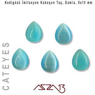 Mavi Renk Kedigözü 8x10/3 mm Damla İmitasyon Cam Kaboşon / Paket İçeriği 5 Adet