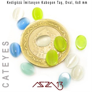 Mavi-Yeşil Renk Kedigözü 6x8/2,5 mm Oval İmitasyon Cam Kaboşon / Paket İçeriği 12 Adet