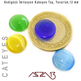 Mavi-Sarı Renk Kedigözü 12/3 mm Yuvarlak İmitasyon Cam Kaboşon / Paket İçeriği 4 Adet