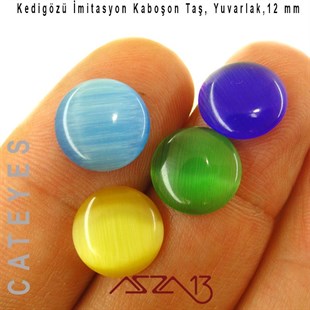 Mavi-Sarı Renk Kedigözü 12/3 mm Yuvarlak İmitasyon Cam Kaboşon / Paket İçeriği 4 Adet
