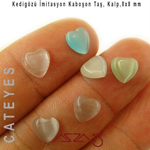 Mavi-Gri Renk Kedigözü 8x8/3 mm Kalp İmitasyon Cam Kaboşon / Paket İçeriği 6 Adet