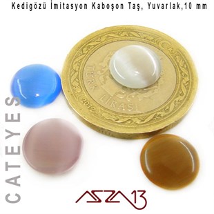 Mavi-Mor Renk Kedigözü 10/3 mm Yuvarlak İmitasyon Cam Kaboşon / Paket İçeriği 4 Adet