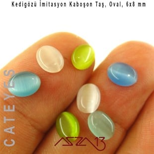 Mavi-Yeşil Renk Kedigözü 6x8/2,5 mm Oval İmitasyon Cam Kaboşon / Paket İçeriği 12 Adet