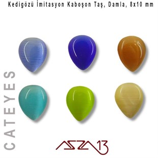 Mavi-Yeşil Renk Kedigözü 8x10/3 mm Damla İmitasyon Cam Kaboşon / Paket İçeriği 6 Adet