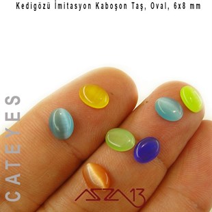 Mavi-Sarı Renk Kedigözü 6x8/2,5 mm Oval İmitasyon Cam Kaboşon / Paket İçeriği 12 Adet